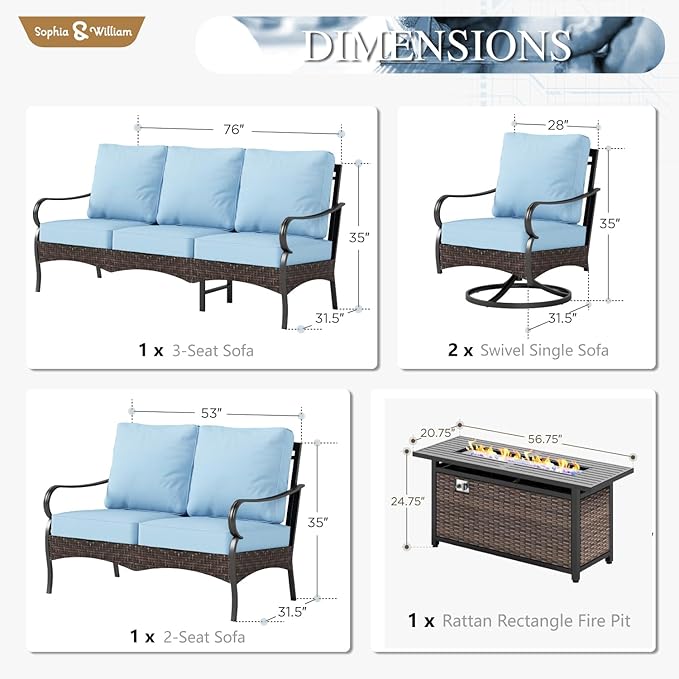 Sophia & William Patio Furniture Set with Fire Pit Table, 4PCS Metal Outdoor Conversation Set with Fire Pit Table, 2 Swivel Chairs,1 Loveseat,3-Seater Couch for Outdoor Seating,Backyard,Porch(Blue)
