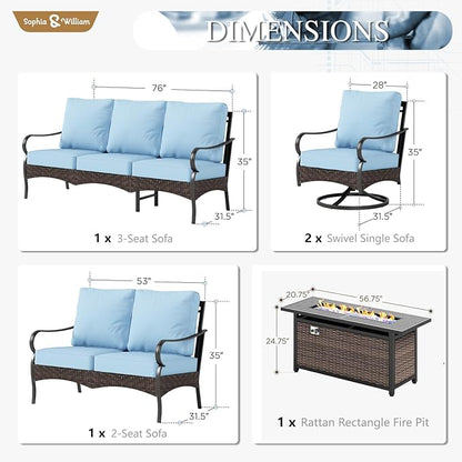 Sophia & William Patio Furniture Set with Fire Pit Table, 4PCS Metal Outdoor Conversation Set with Fire Pit Table, 2 Swivel Chairs,1 Loveseat,3-Seater Couch for Outdoor Seating,Backyard,Porch(Blue)