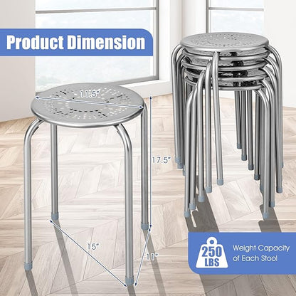 COSTWAY 6-Pack Steel Stack Stools, 17.5-Inch Height Portable Stackable Backless School Stools with Daisy Design, Round Classroom Decoration Stools Set of 6 for Kids Children Students, Grey