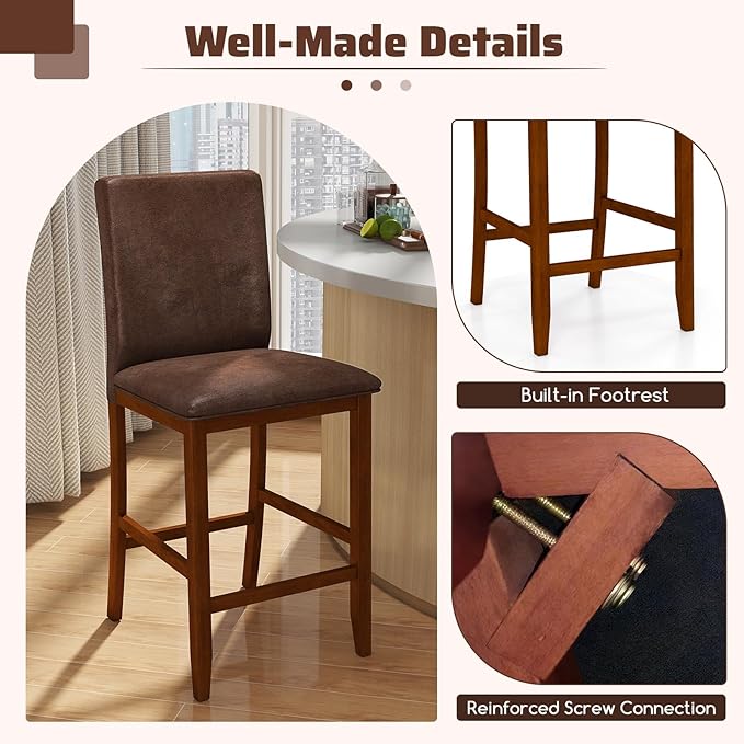 COSTWAY Counter Barstools Set of 4, 26 Inch Counter Height Stools with Upholstered Seat & Backrest, Armless High-Top Chairs with Rubberwood Legs for Kitchen Island, Dining Room, Pub