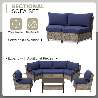 COOS BAY Aurora Terrace Half-Moon Outdoor Furniture Set, Rattan Conversation Set with Patio Chairs, Curved 4-Seat Sofa, Coffee Table, Seats 6, Beige/Blue