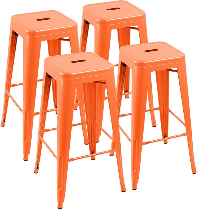 Furniwell 30 Inches Metal Bar Stools High Backless Tolix Indoor-Outdoor Stackable Barstool with Square Counter Seat Set of 4 (Orange)