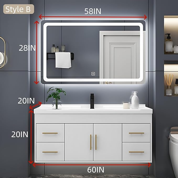 60IN Modern Bathroom Vanity - LED Intelligent Mirror Cabinet Includes Time Display & Defogging | Bathroom Cabinet with Sink & Open Storage Compartments, Ceramic Washbasin, 4 Drawers (Style B)