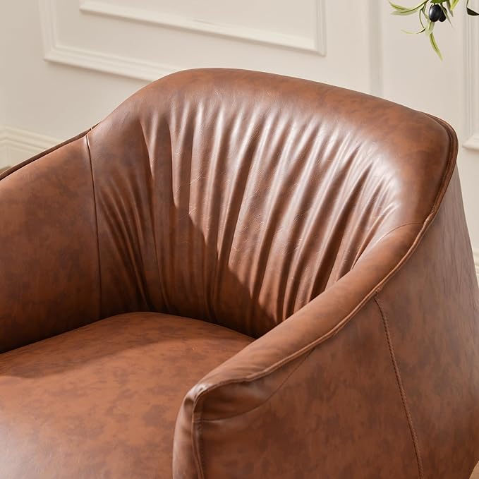 KINWELL 33" W Faux Leather Barrel Chairs Set of 2 with Hand-Tufted Pleated Back Flared Arms, Modern PU Upholstered Accent Chairs with Metal Legs, Large Armchairs Lounge Chairs for Living Room, Brown