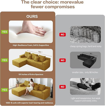 101" Orange Couch for Living Room,Boneless Couch No Assembly Required,Comfy Couches with Oversized Chaise,Compressed Sofa for Any Room,Modern Sofa-Velvet