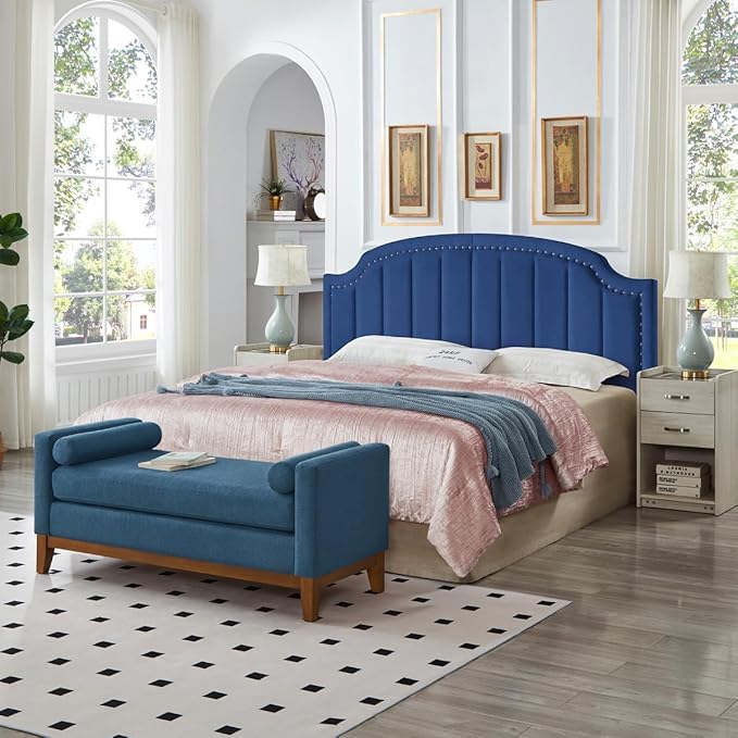 24KF Upholstered Channel Pattern King Headboard with Silver Nailhead Trim, Comfy Velvet Headboard King/CA King, 6052-K-Navy