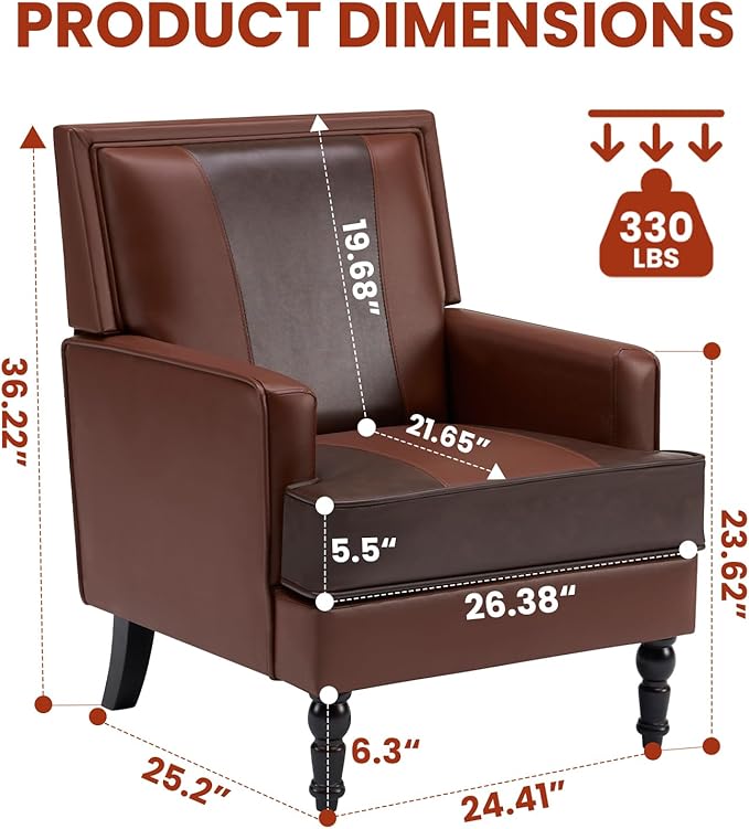 MOJAY Mid-Century Modern Accent Chairs, PU Leather Upholstered Lounge Armchair, Comfy Club Chair for Living Room, Bedroom, Home Office & Study (Brown)