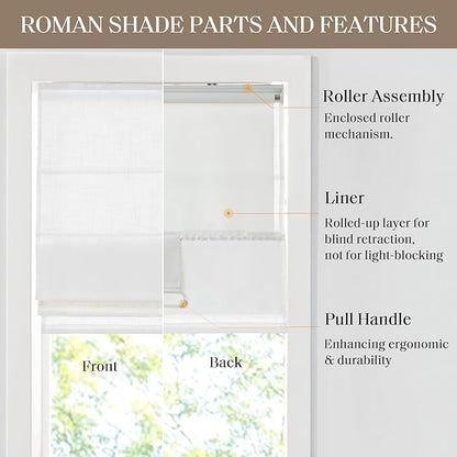 Madison Park Kyler Cordless Roman Shades - Single Panel, Lightweight Linen Blend Fabric, Natural Design, Easy Installation, Light Filtering Window Blind, Bedroom, Living Room Decor 31"W x 64"H White