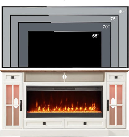 OKD Fireplace TV Stand for 80 Inch TV, Farmhouse Entertainment Center with 42" Fireplace & LED Lights, Modern Media Console Table with Storage Drawers & Cabinets for Living Room, Antique White