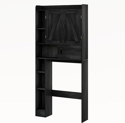 ChooChoo Over The Toilet Storage Cabinet, Farmhouse Bathroom Storage Cabinet with Sliding Door, Over Toilet Storage with Adjustable Shelves, Space-Saving, Black
