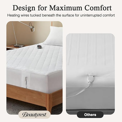 Beautyrest 3M Scotchgard Heated Mattress Pad - Electric Bed Warmer with 5 Heat Settings, 10 Hr Auto Shut Off Timer, All Around Elastic Deep Pocket, UL Certified, Machine Washable, White Queen