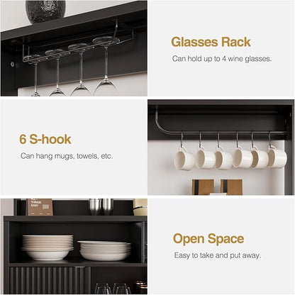 Fluted Buffet Cabinet with Storage, Modern Coffee Bar Cabinet with Outlet, Wine Rack, Cup Holder, Multi-Functional Accent Liquor Cabinet for Living Room, Entryway, Kitchen, Black