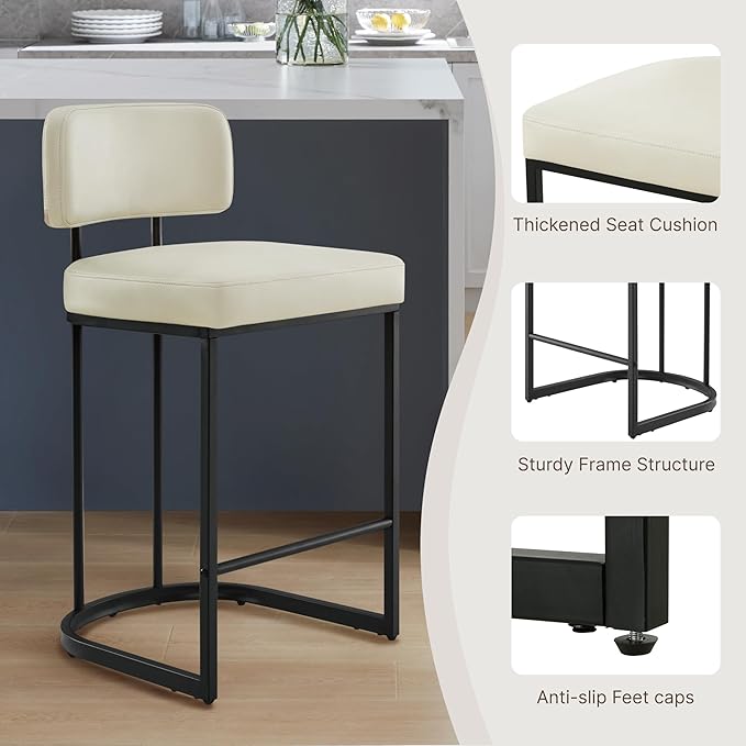 26" H Counter Height Bar Stools Set of 3, Modern Faux Leather Upholstered Barstools with Backrest for Kitchen Island, Black Metal Frames, Cream