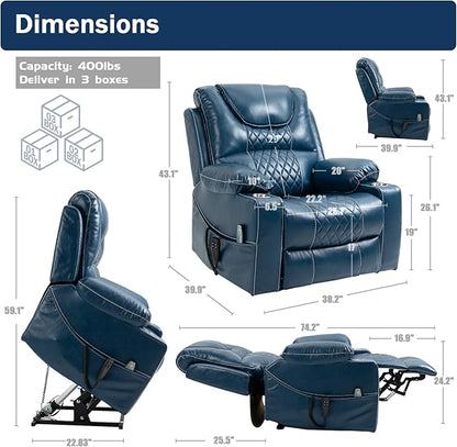 Dual Motor Power Lift Recliner Chair for Adults Elderly, Lay Flat Faux Leather Recliners with Massage Heating, Infinite Position, 2 Cup Holders, 2 Side Pockets, Up to 400LBS