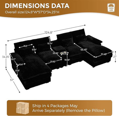 HYJT-H&K 124" U Shaped Cloud Couch Sectional, Comfy Fluffy Plush Corduroy Dark Black Sectional Couches for Living Room, Modern Modular Corduroy Couch Sectionals with Central Console & Double Chaise