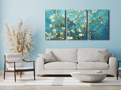 Wieco Art Giclee Canvas Prints Wall Art for Wall Decor by Van Gogh Paintings Almond Blossom Modern 3 Piece Stretched and Framed Abstract Flowers Artwork Home Office Decorations