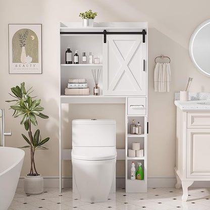 MU Over The Toilet Storage Cabinet with Doors, 32" Bathroom Storage Organizer with Side Shelves, Space-Saving Toilet Storage Rack for Bathroom, Laundry (Sliding Barn Door)