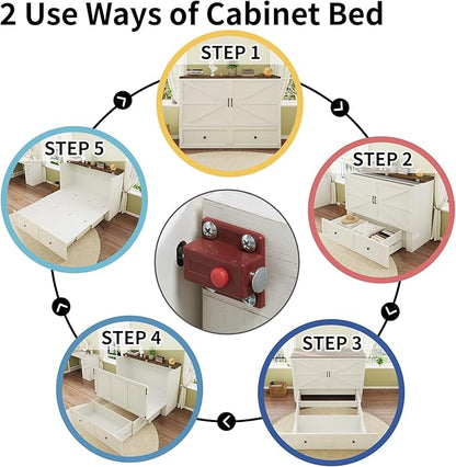 Full Size Murphy Bed with Charging Station, Cabinet Bed with Large Storage Drawer for Home Office or Small Room, Full Foldable Platform Bed, White