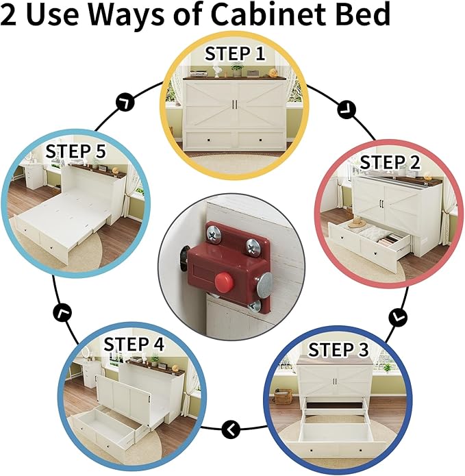 Murphy Bed with Charging Station, Queen Size Cabinet Bed with Large Storage Drawer for Home Office or Small Room, Hideaway Full Foldable Platform Bed, White