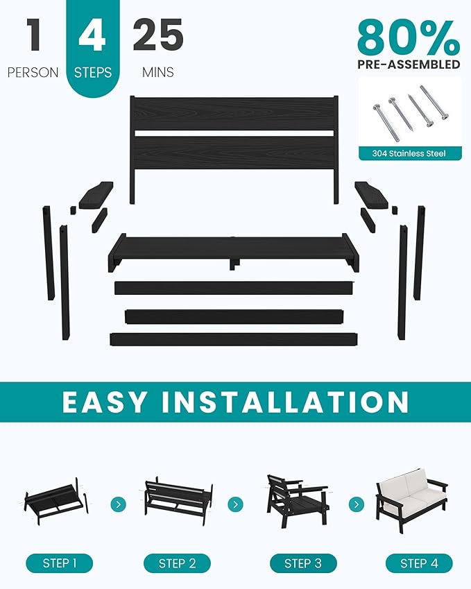 SERWALL Outdoor Patio Furniture Set, 5 Piece HDPE Patio Conversation Sets, All-Weather Wood-Like Outdoor Couch Loveseat and Coffee Table with Thick Cushions for Porch Balcony Garden Backyard