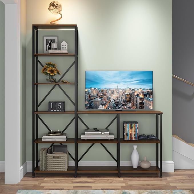 Tribesigns Modern 9 Shelves Bookshelves, Industrial Stepped Ladder Corner Etagere Bookcase, Rustic 6-Tier Display Open Shelf Storage Organizer for Living Room