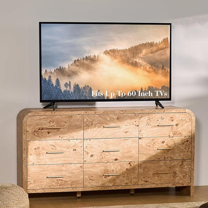 Curved 9-Drawer Dresser for Bedroom, 63" Wide Modern Chest of Drawers, Vanity Desk TV Stand for Living Room, Closet Storage Drawers Organizer Furniture, Nursery, Hallway, Light Burl