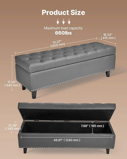 VEVOR Button-Tufted Storage Ottoman Bench, PU Leather Bench with Storage and Solid Wood Legs, Modern Shoe Benches Seat for Entryway, Upholstered End of Bed Benches for Living Room, Dining Room, Gray