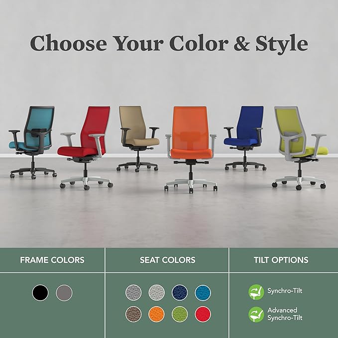 HON Ignition 2.0 Mid Back Task Chair, Spectrum Mesh, Advanced Synchro-Tilt Control, Office Chair with Lumbar Support, Height and Width Adjustable Arms, Black Frame, Leaf