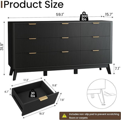 SUNWAVE Fluted 9 Drawer Dresser for Bedroom, 59.1" Wide Modern Large Dresser with Round Corner, Wood Drawer TV Stand for Living Room