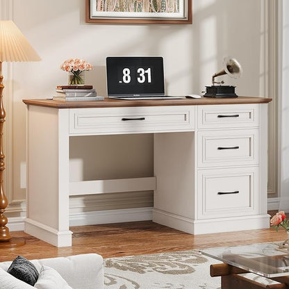 Farmhouse 47" Executive Desk, Computer Desk with Drawers and File Drawer, Workstation Computer Desk with Charging Station for Home Office,Study,（Unique White）