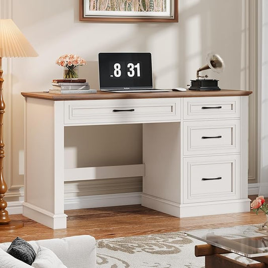 Farmhouse 47" Executive Desk, Computer Desk with Drawers and File Drawer, Workstation Computer Desk with Charging Station for Home Office,Study,（Unique White）