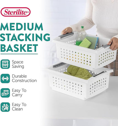 Sterilite Stackable Storage Bin and Organization Basket with Flip Down Accent Rails for Home and Household Organization, Medium, White (30 Pack)