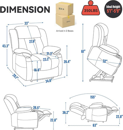 Power Lift Recliner Chair, 350lb Capacity with 8-Point Massage & Heating, USB/Type-C Ports & Cup Holders, Heavy Duty Chenille Recliner for Elderly, Blue