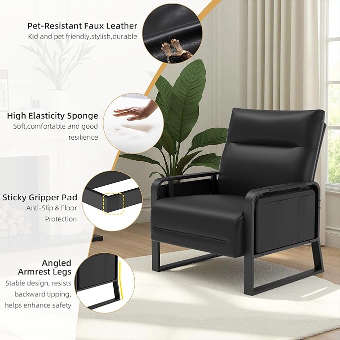 Faux Leather Accent Chairs Set of 2 with Flip Up Tray Tables Soft Backrest for Living Room Office Bedroom Modern Accent Chairs, Black