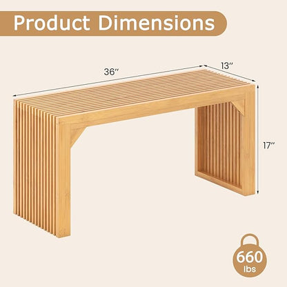 GOFLAME 36” Bamboo Dining Bench Set of 2, Farmhouse Entryway Bench with Slatted Seat, End of Bed Bench, Outdoor Bench for Kitchen, Bedroom, Living Room, Hallway, 660 LBS Max Load