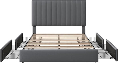 Allewie Queen Size Storage Bed Frame, Vertical Channel Tufted Adjustable Headboard, Velvet Upholstered Platform Bed with 4 Oversized Underbed Drawers, Wooden Slats Support, No Box Spring Needed, Grey