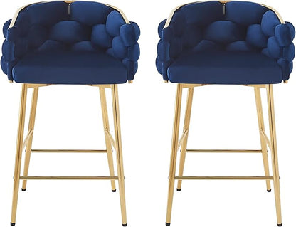 Christopher Knight Home Barrel Counter Stools,Velvet Counter Height Barstools, Modern Luxury Makeup Stool Upholstered Chairs with Gold Legs(Set of 2),Blue