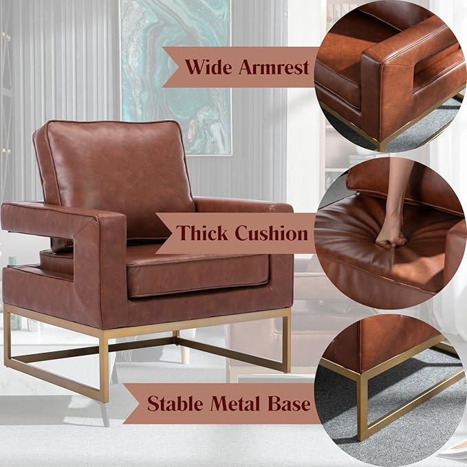 Modern Accent Chair, PU Leather Upholstered Side Chair with Backrest, Comfy Armchair Side Chair with Golden Metal Base for Living Room Reception Room, 1PC, Brown