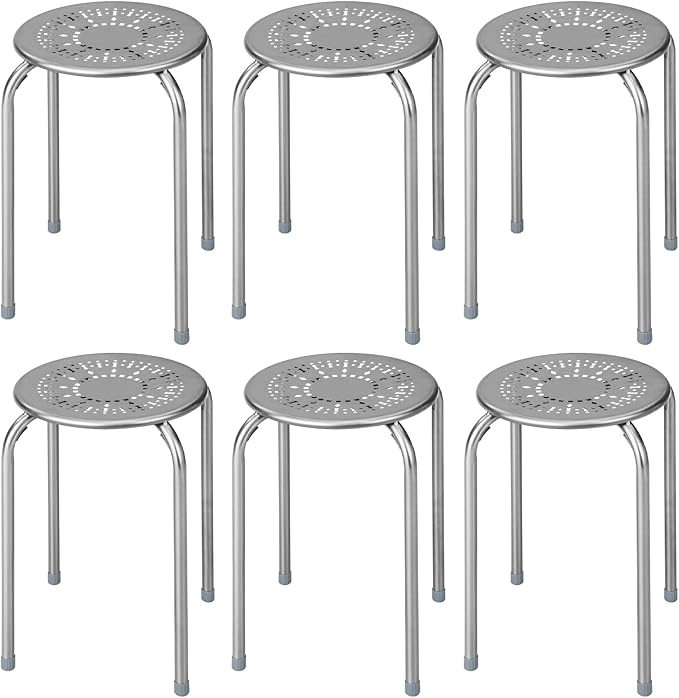 COSTWAY 6-Pack Steel Stack Stools, 17.5-Inch Height Portable Stackable Backless School Stools with Daisy Design, Round Classroom Decoration Stools Set of 6 for Kids Children Students, Grey
