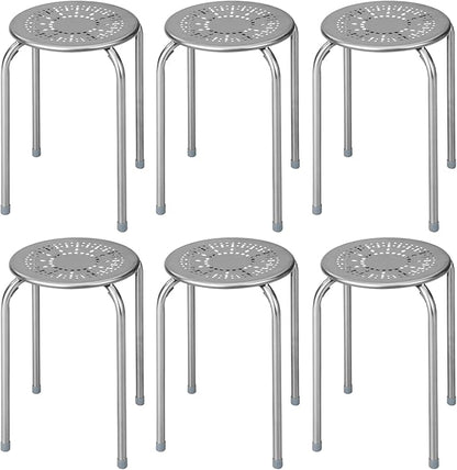 COSTWAY 6-Pack Steel Stack Stools, 17.5-Inch Height Portable Stackable Backless School Stools with Daisy Design, Round Classroom Decoration Stools Set of 6 for Kids Children Students, Grey