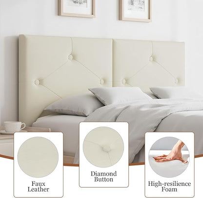 King Size Headboard, Faux Leather Headboard with Solid Wood & Sturdy Metal Legs, Adjustable Height Bed Headboards King Tufted Upholstered in Modern Button Design, Ivory