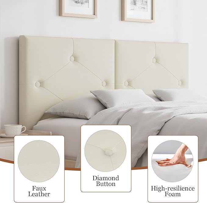 Modern Queen Headboard, Upholstered Faux Leather Bed Headboard with Solid Wood & Sturdy Metal Legs, Tufted Adjustable Height Headboards in Button Design, Ivory