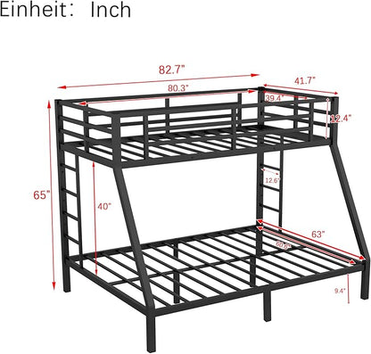Bellemave Twin XL Over Queen Bunk Bed for Adults, Twin XL Over Queen Bunk Beds Frame with 2 Ladder and Full Length Guardrail, Easy Assemble, Mattress Not Included, Black
