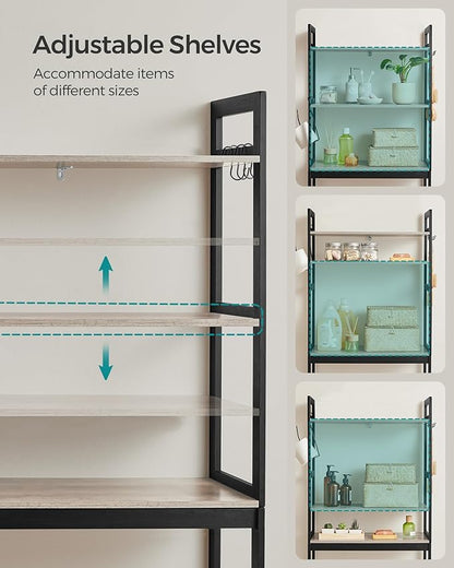 SONGMICS Over-The-Toilet Storage, 3-Tier Bathroom Organizer Over Toilet with Adjustable Shelves, Hooks, Bamboo, Freestanding Space Saver Bathroom Shelves, Heather Greige and Ink Black UBTS012W01