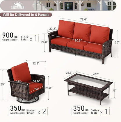 4 Pieces Patio Furniture Set with Swivel Chairs, High Back Wicker Rattan Sofa with Extra Thick Cushion and Coffee Table, Outdoor Conversation Set for Garden Backyard Deck,Red