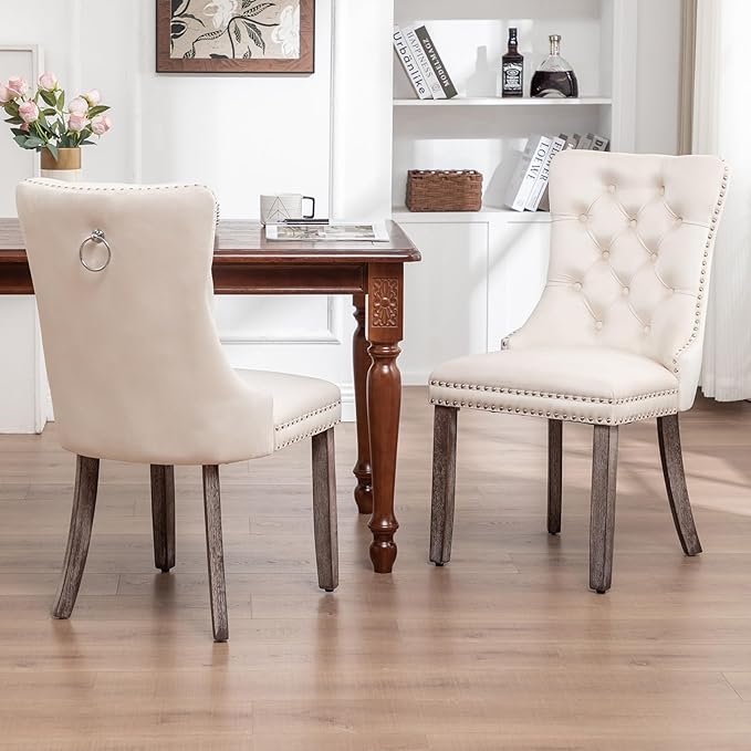 Velvet Dining Chairs Set of 2, Tufted Dining Room Chairs with Nailhead Ring Pull Trim, Upholstered Dining Chairs with Solid Wood Legs for Kitchen Dining Room (Beige)