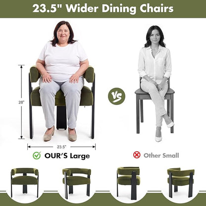 Modern Dining Chairs Set of 2, Upholstered Velvet Barrel Accent Chairs with Backrest & Arms, Wide and Thicker Padded Kitchen Side Chair with Wooden Legs for Dining Room, Livingroom, Dark Green