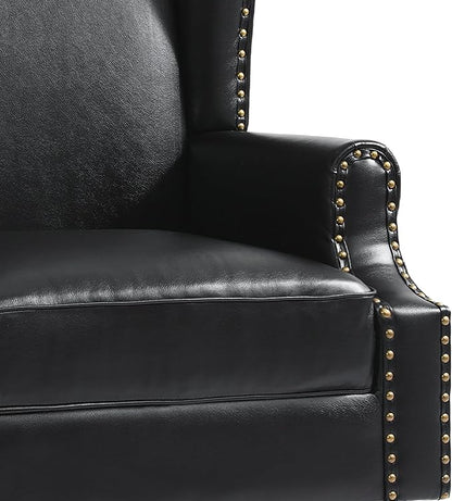 Pia Ricco Set of 2 Faux Leather Accent Chairs, High Back Wingback Armchairs with Retro Floral Design, Nailhead Trim & Solid Wood Legs for Living Room Bedroom (Black)
