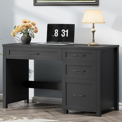 Farmhouse 47" Executive Desk, Computer Desk with File Drawer and Charging Station, Workstation for Home Office, Study(Pure Black)