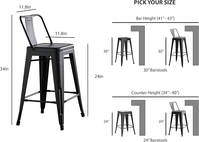 AC Pacific 24” Metal Barstool Set of 2 – Country Rustic Style with Low Back, Lightweight & Sturdy Build, Easy Assembly – Black Matte